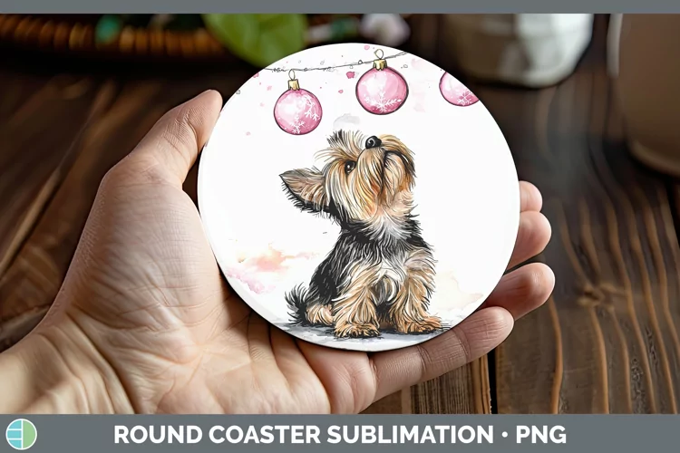Pink Christmas Yorkshire Terrier Round Coaster Sublimation C