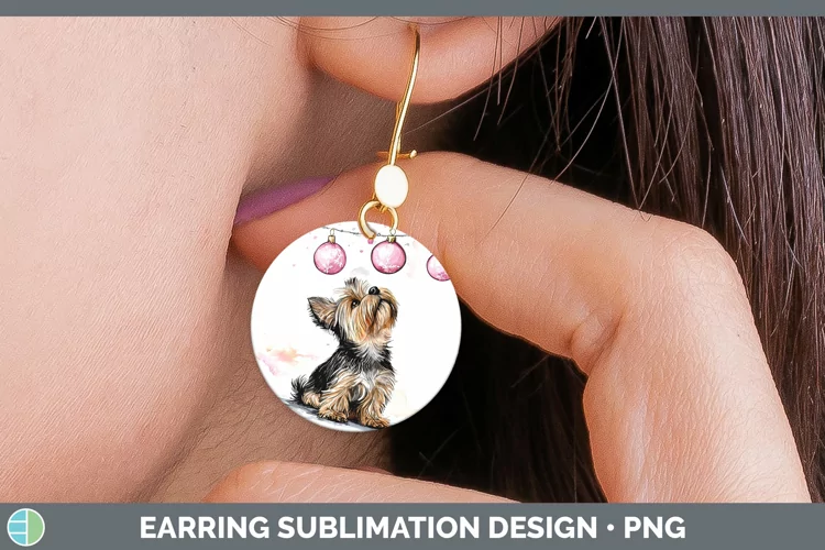 Pink Christmas Yorkshire Terrier Round Earrings Sublimation