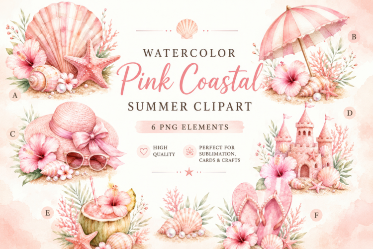 Pink Coastal Summer Watercolor Clipart