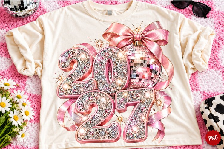 Happy New Year 2027 PNG | Pink Rhinestone Disco Ball Bow Png example image 1
