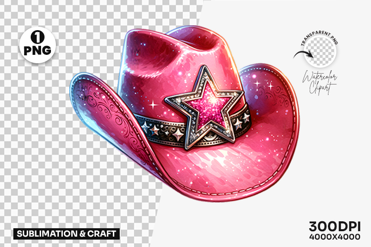Pink Cowgirl Hat with Star Clipart PNG Sublimation Design
