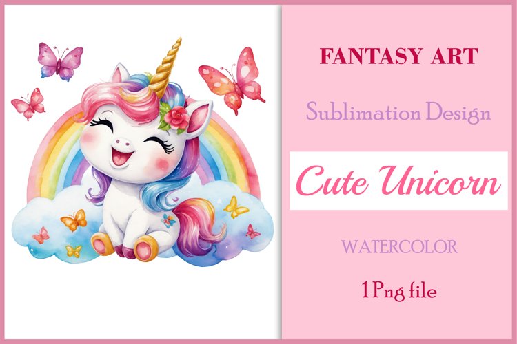 Sublimation Pink Cute Unicorn Clipart / Watercolor Png