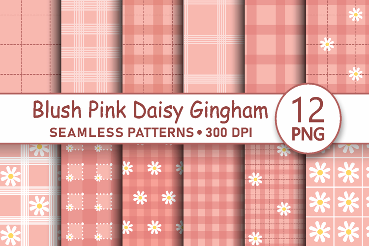 Blush pink daisy gingham seamless pattern png digital paper