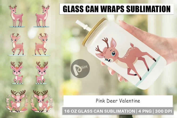 Glass Can Wraps Pink Deer Valentine