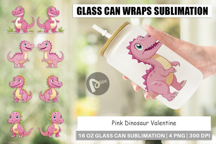 Glass Can Wraps Pink Dinosaur Valentine