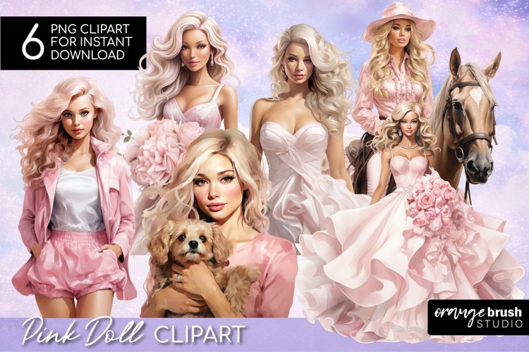 Pink Doll Watercolor Clipart Bundle, 6 Sublimation Designs