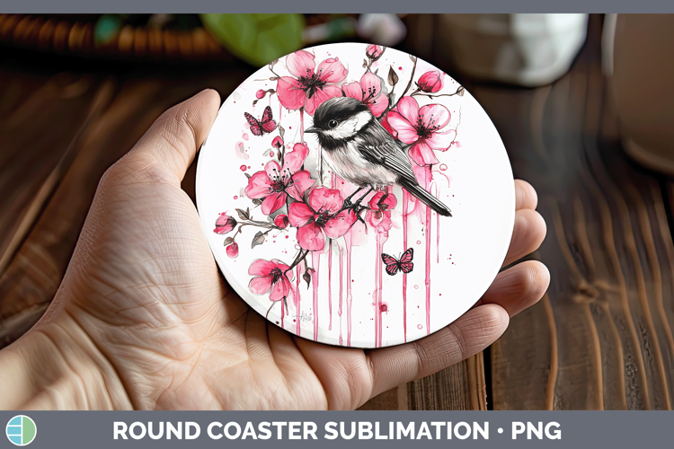 Pink Drips Chickadee Round Coaster Sublimation Coaster Desig
