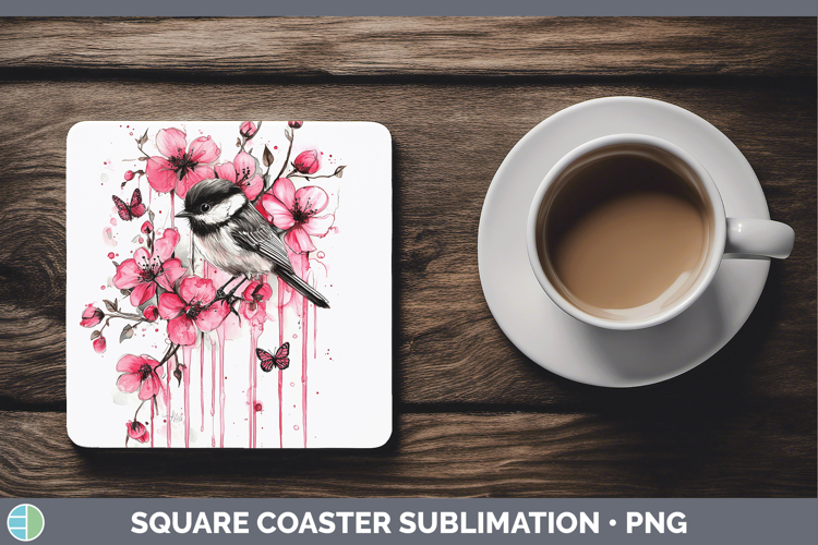 Pink Drips Chickadee Square Coaster Sublimation Coaster Desi