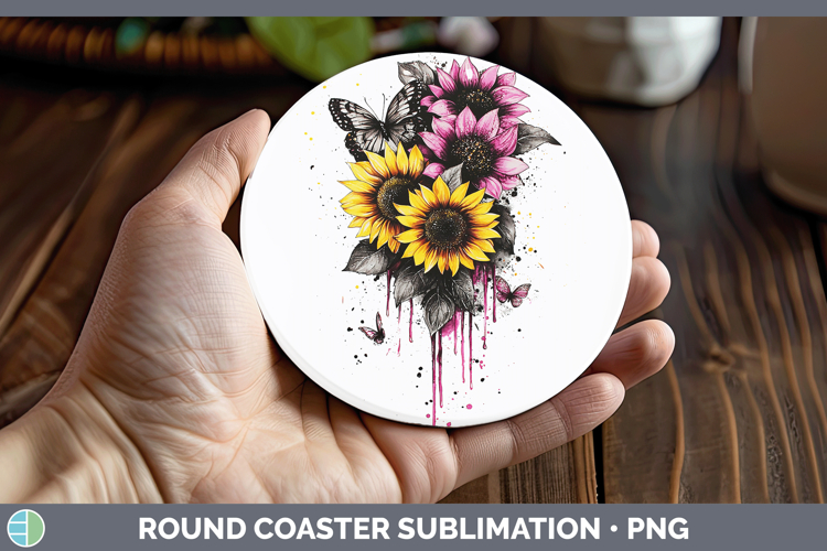 Pink Drips Sunflower Round Coaster Sublimation Coaster Desig