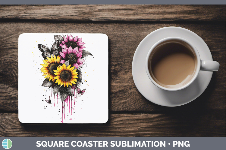 Pink Drips Sunflower Square Coaster Sublimation Coaster Desi