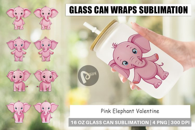Glass Can Wraps Pink Elephant Valentine example image 1