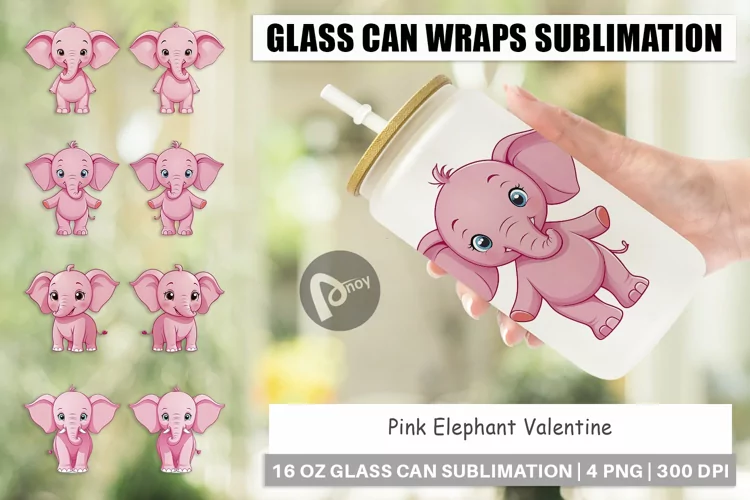 Glass Can Wraps Pink Elephant Valentine