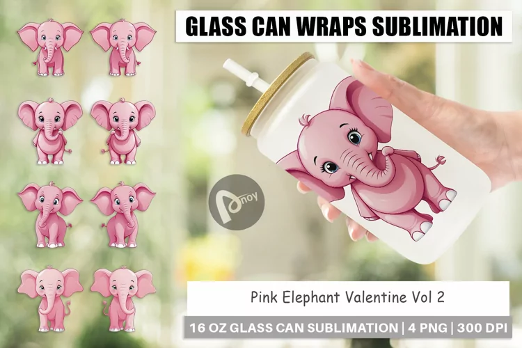 Glass Can Wraps Pink Elephant Valentine