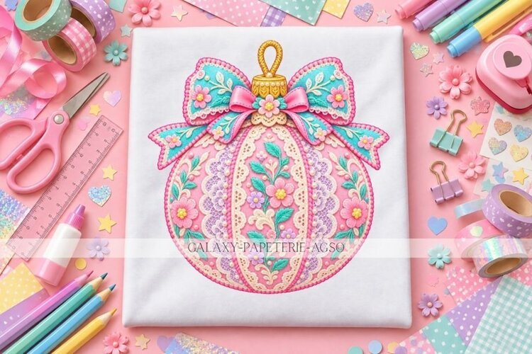 Pink Floral Christmas Ornament PNG with Turquoise Bow example image 1