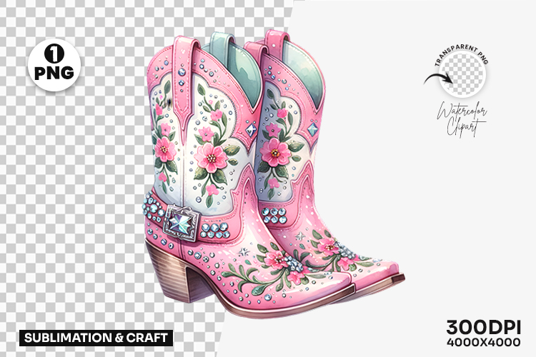 Pink Floral Cowgirl Boots Clipart PNG Sublimation Design