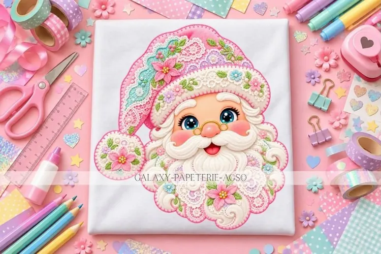 Pink Floral Santa Face PNG with Glasses and Faux Lace