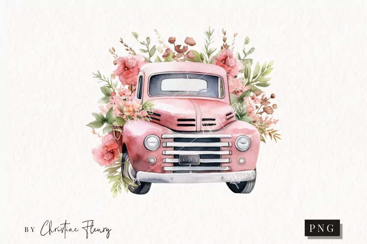 Pink Floral Vintage Truck PNG | Spring PNG