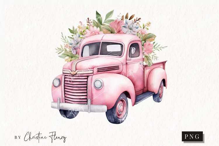 Pink Floral Vintage Truck PNG | Spring PNG