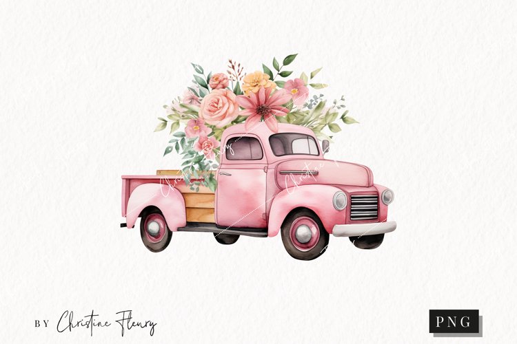 Pink Floral Vintage Truck PNG | Spring PNG example image 1