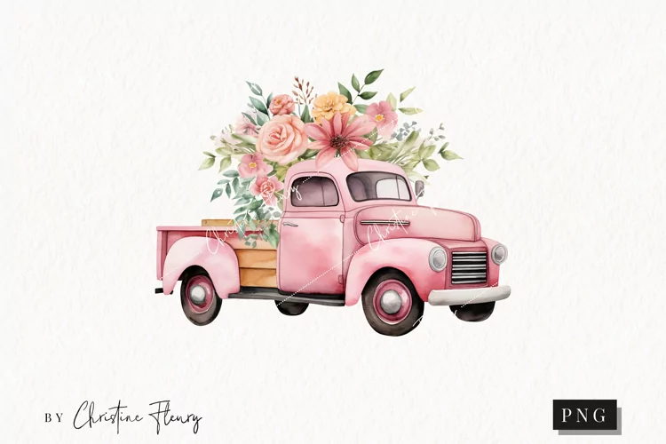 Pink Floral Vintage Truck PNG | Spring PNG