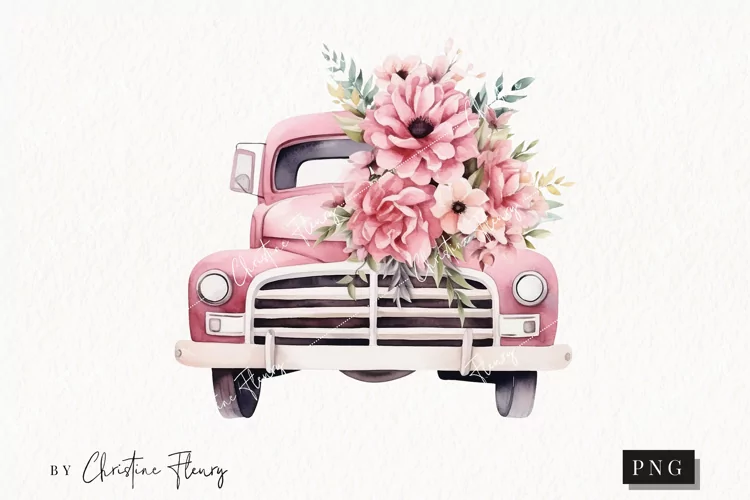 Pink Floral Vintage Truck PNG | Spring PNG