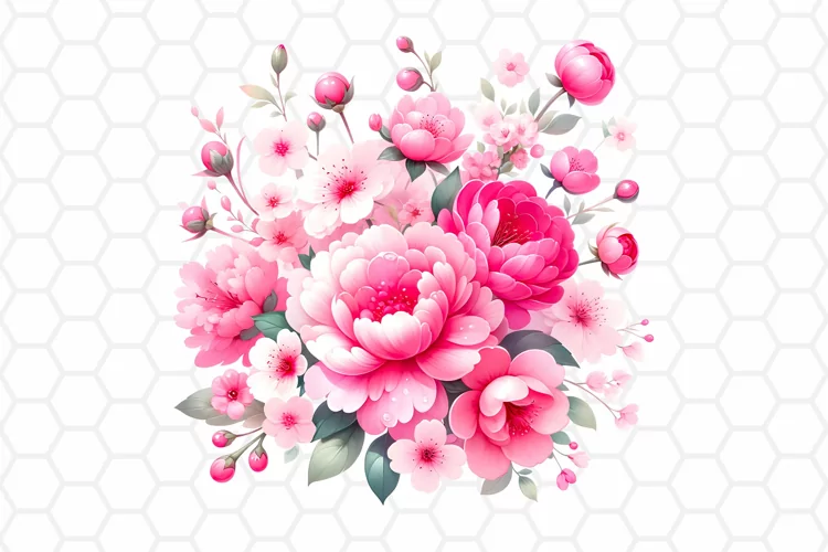 Pink Flower Bouquet Watercolor Clipart, Sublimation PNG