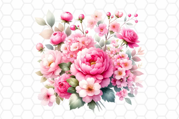 Pink Flower Bouquet Watercolor Clipart, Sublimation PNG