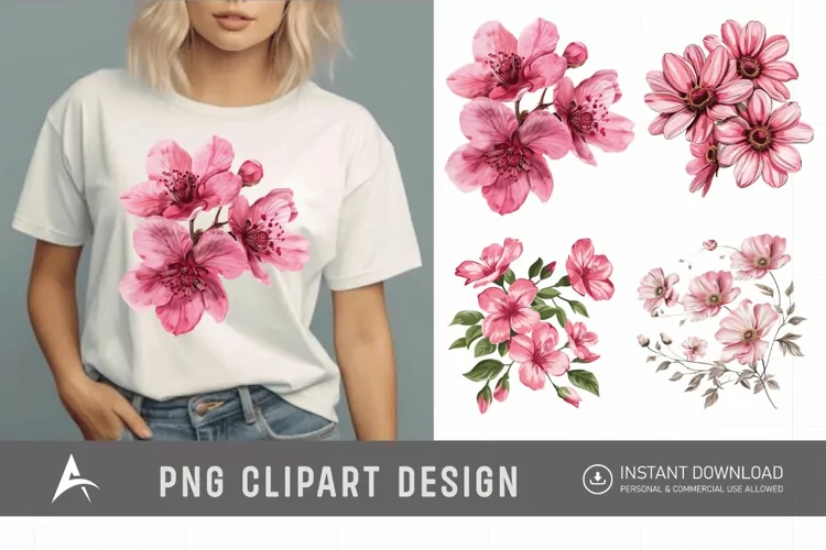 Watercolor Pink Flowers Clipart