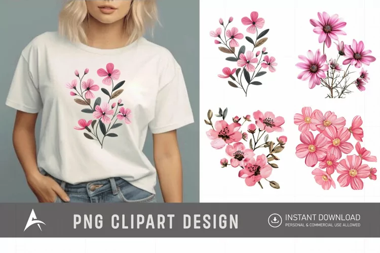 Watercolor Pink Flowers Clipart