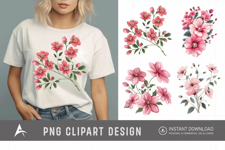 Watercolor Pink Flowers Clipart