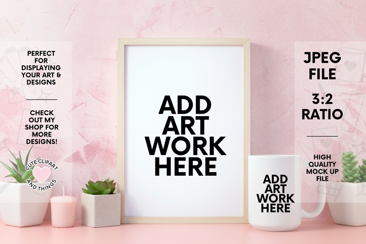 Frame Mock Up | Cute Pink Wall Art and Mug Mock Up