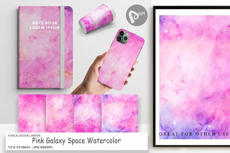 Digital Paper Pink Galaxy Space Watercolor