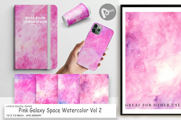 Digital Paper Pink Galaxy Space Watercolor