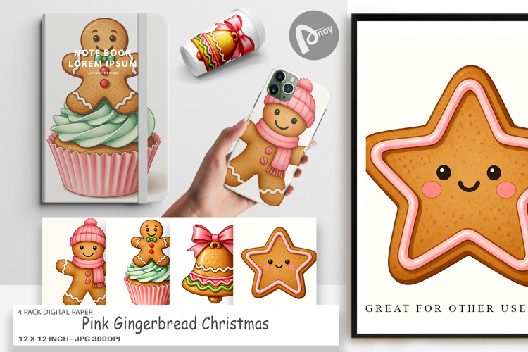 Pink Gingerbread Christmas Digital Paper