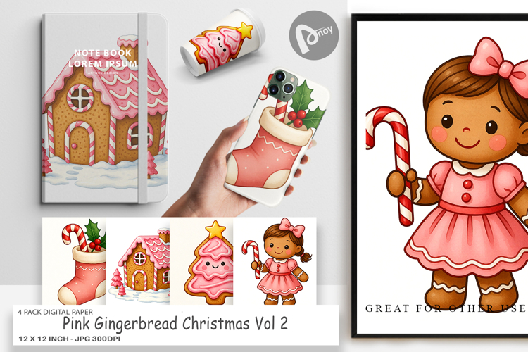 Pink Gingerbread Christmas Digital Paper
