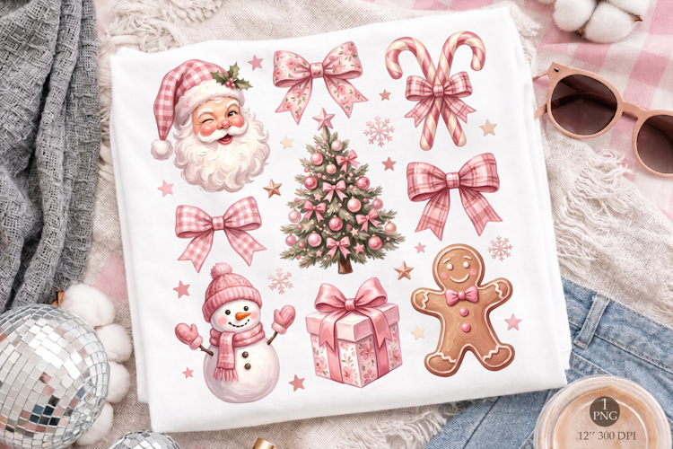 Pink Gingham Christmas Clipart PNG, Coquette PNG Design