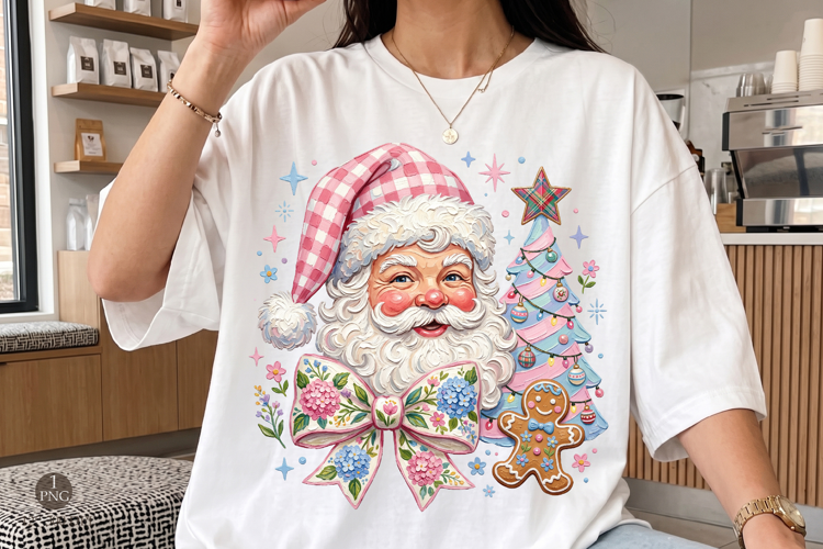Pink Gingham Santa Claus PNG, Coquette Christmas Art