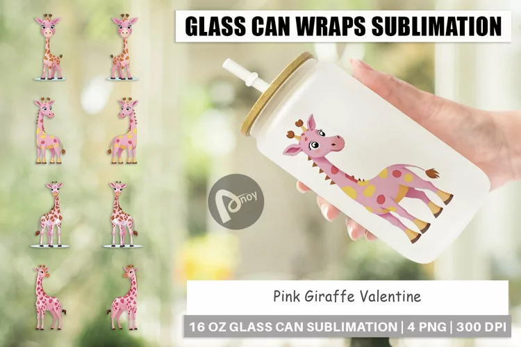 Glass Can Wraps Pink Giraffe Valentine