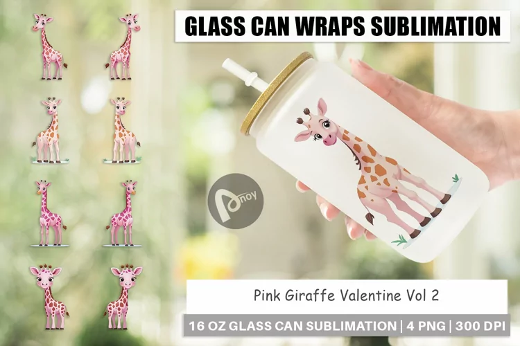 Glass Can Wraps Pink Giraffe Valentine