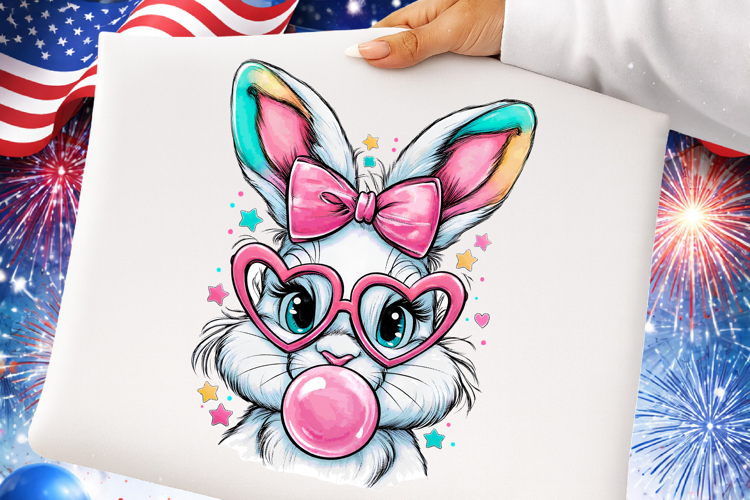 Pink Glitter Easter Bunny Coquette Png, Bunny blowing bubble