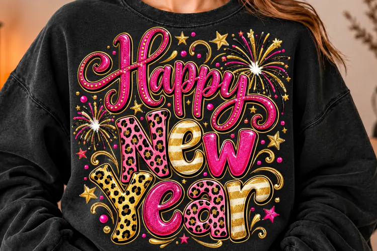 Pink Gold Happy New Year Design PNG