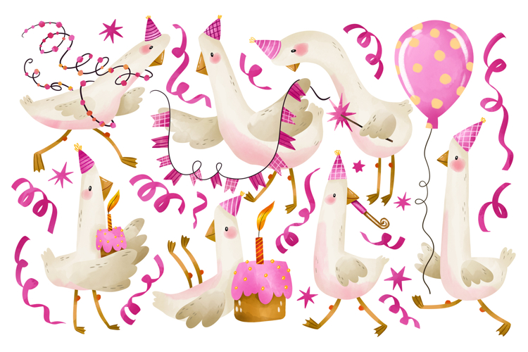 Cute Birthday Goose Clipart Set Hand Drawn Party Geese