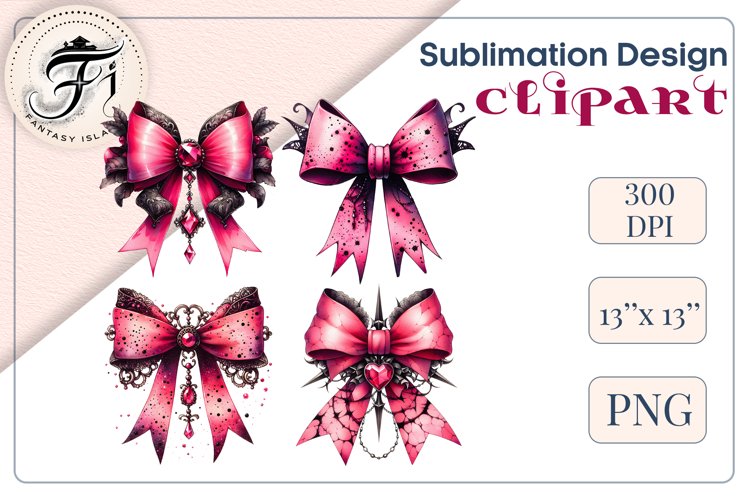 4 Pink Gothic Watercolor Bows, Halloween Sublimation Design