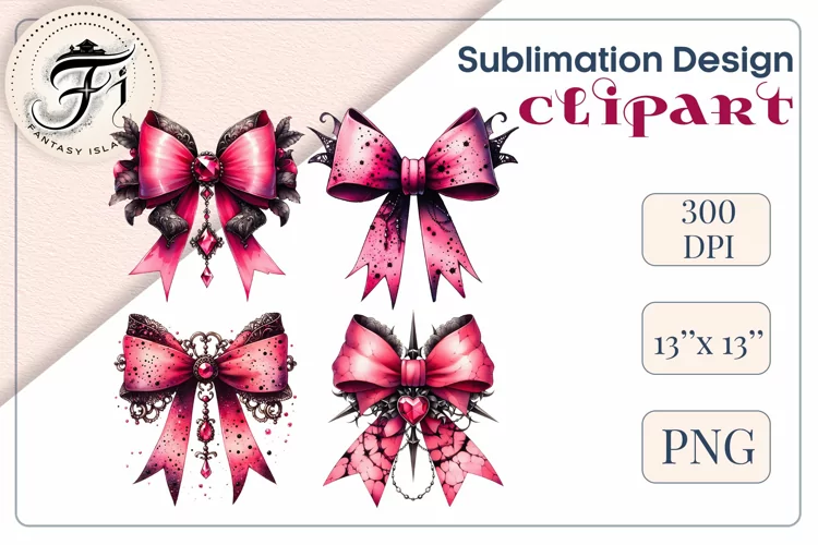 4 Pink Gothic Watercolor Bows, Halloween Sublimation Design