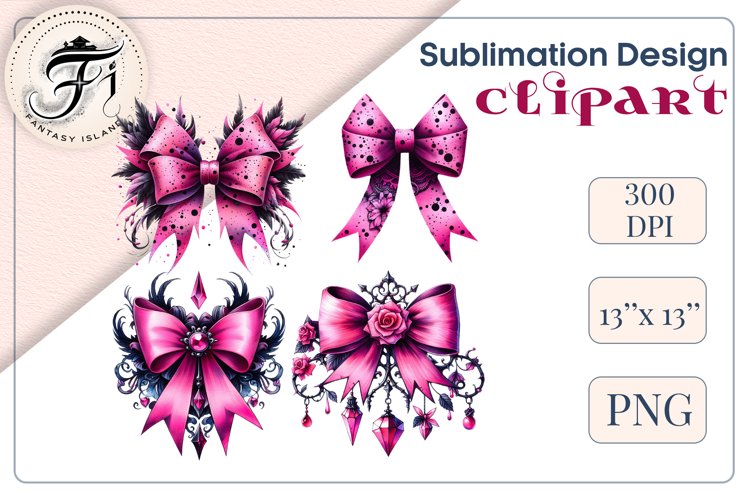 4 Pink Gothic Watercolor Bows, Halloween Sublimation Design