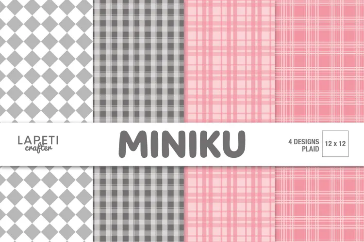 Pink & Gray Plaid Digital Paper, 4 Scrapbook Patterns