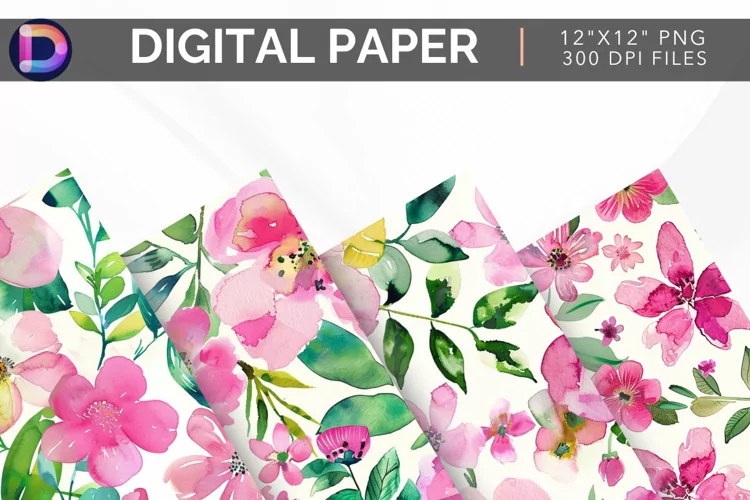 Pink & Green Watercolor Flowers Digital Paper