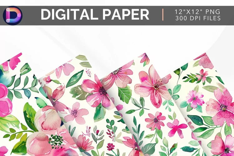 Pink & Green Watercolor Flowers Digital Paper