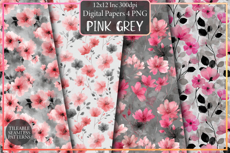 Pink Grey Watercolor Flowers Pattern