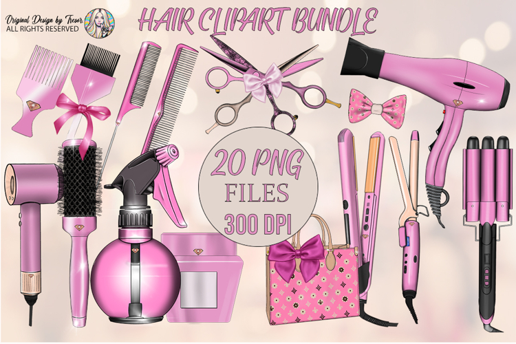 Pink Hair Clipart Bundle PNG Beauty Tools Set Clipart PNG
